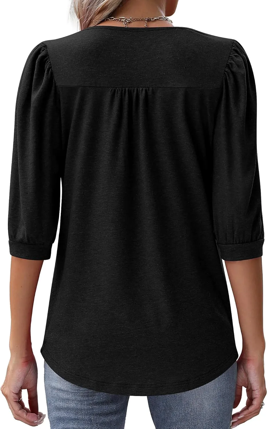 Ficerd Women's Puff 3/4 Sleeve Tops Trendy Crew Neck Tunic Top Pleated Casual Loose Dressy T Shirts Blouses