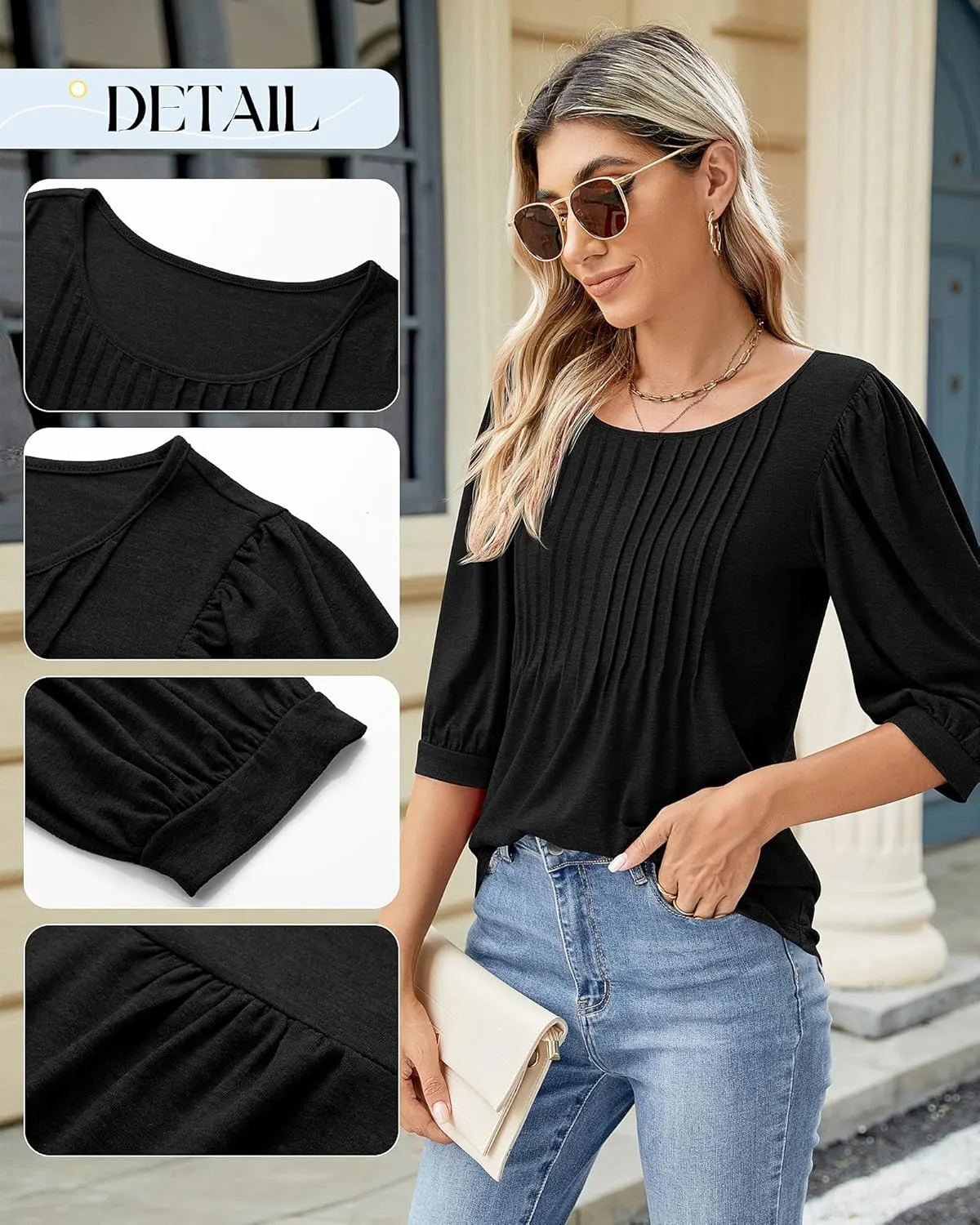Ficerd Women's Puff 3/4 Sleeve Tops Trendy Crew Neck Tunic Top Pleated Casual Loose Dressy T Shirts Blouses