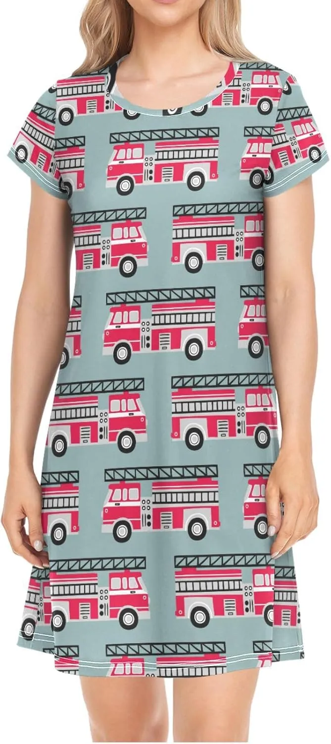 Fire Trucks Nightgowns for Women Short Sleeve Sleepshirt Dress Sleepwear Pajama Dress Comfy Casual Print