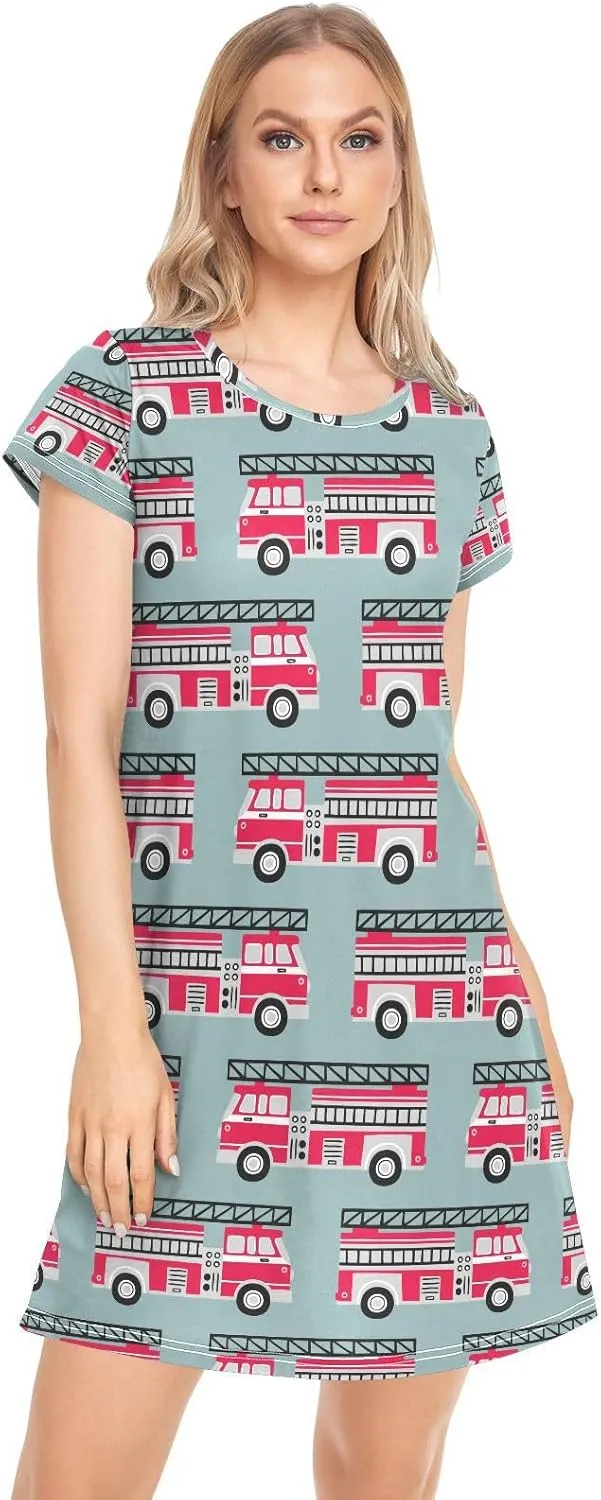 Fire Trucks Nightgowns for Women Short Sleeve Sleepshirt Dress Sleepwear Pajama Dress Comfy Casual Print