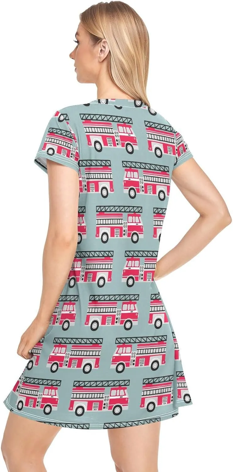 Fire Trucks Nightgowns for Women Short Sleeve Sleepshirt Dress Sleepwear Pajama Dress Comfy Casual Print