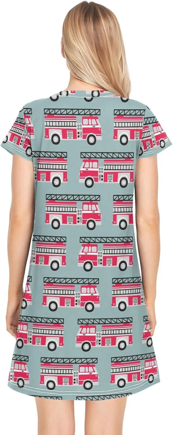 Fire Trucks Nightgowns for Women Short Sleeve Sleepshirt Dress Sleepwear Pajama Dress Comfy Casual Print