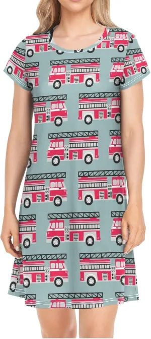 Fire Trucks Nightgowns for Women Short Sleeve Sleepshirt Dress Sleepwear Pajama Dress Comfy Casual Print