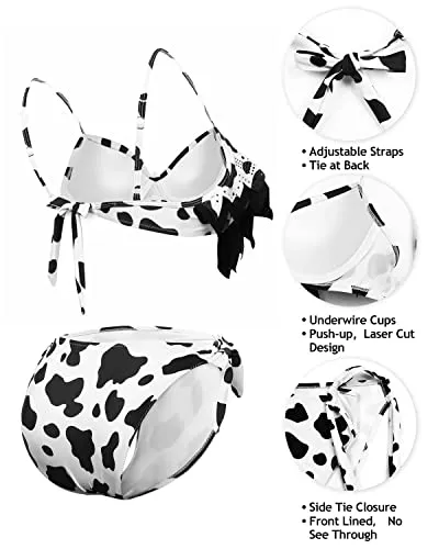 Flattering Sexy Two Piece Swimsuit With High Cut Low Rise Bikini Bottom-Black And White Cow Pattern