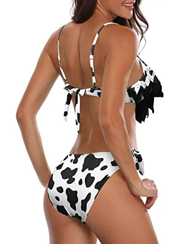 Flattering Sexy Two Piece Swimsuit With High Cut Low Rise Bikini Bottom-Black And White Cow Pattern
