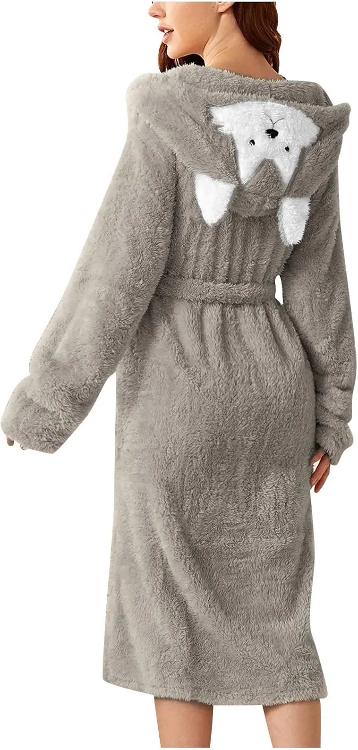 Fleece Robes for Women Hooded Plush Housecoats Soft Warm Fall Winter Belted Long Robes Spa Bathrobes with Pockets
