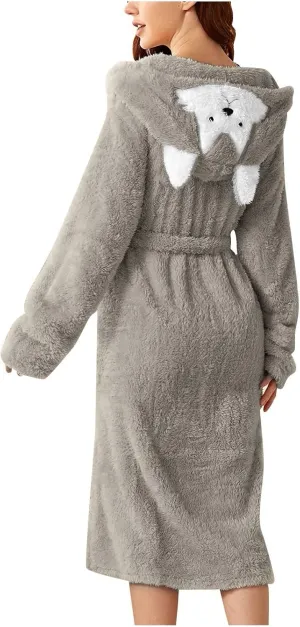 Fleece Robes for Women Hooded Plush Housecoats Soft Warm Fall Winter Belted Long Robes Spa Bathrobes with Pockets