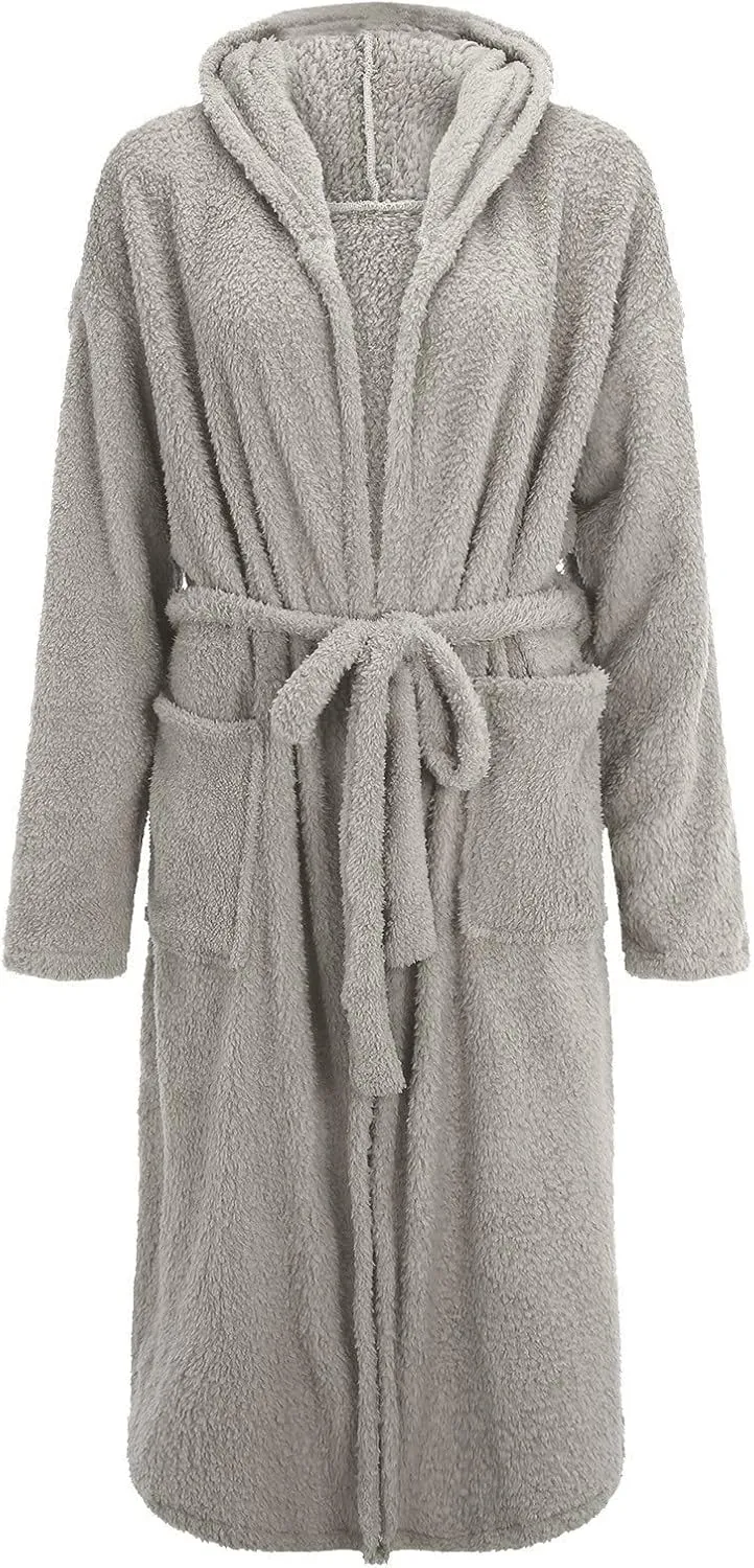 Fleece Robes for Women Hooded Plush Housecoats Soft Warm Fall Winter Belted Long Robes Spa Bathrobes with Pockets