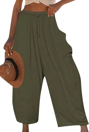 FLITAY Women Solid Color Elastic Waisted Pant Pleated Wide Leg Pants Drawstring Loose Fit Casual Trousers with Pockets