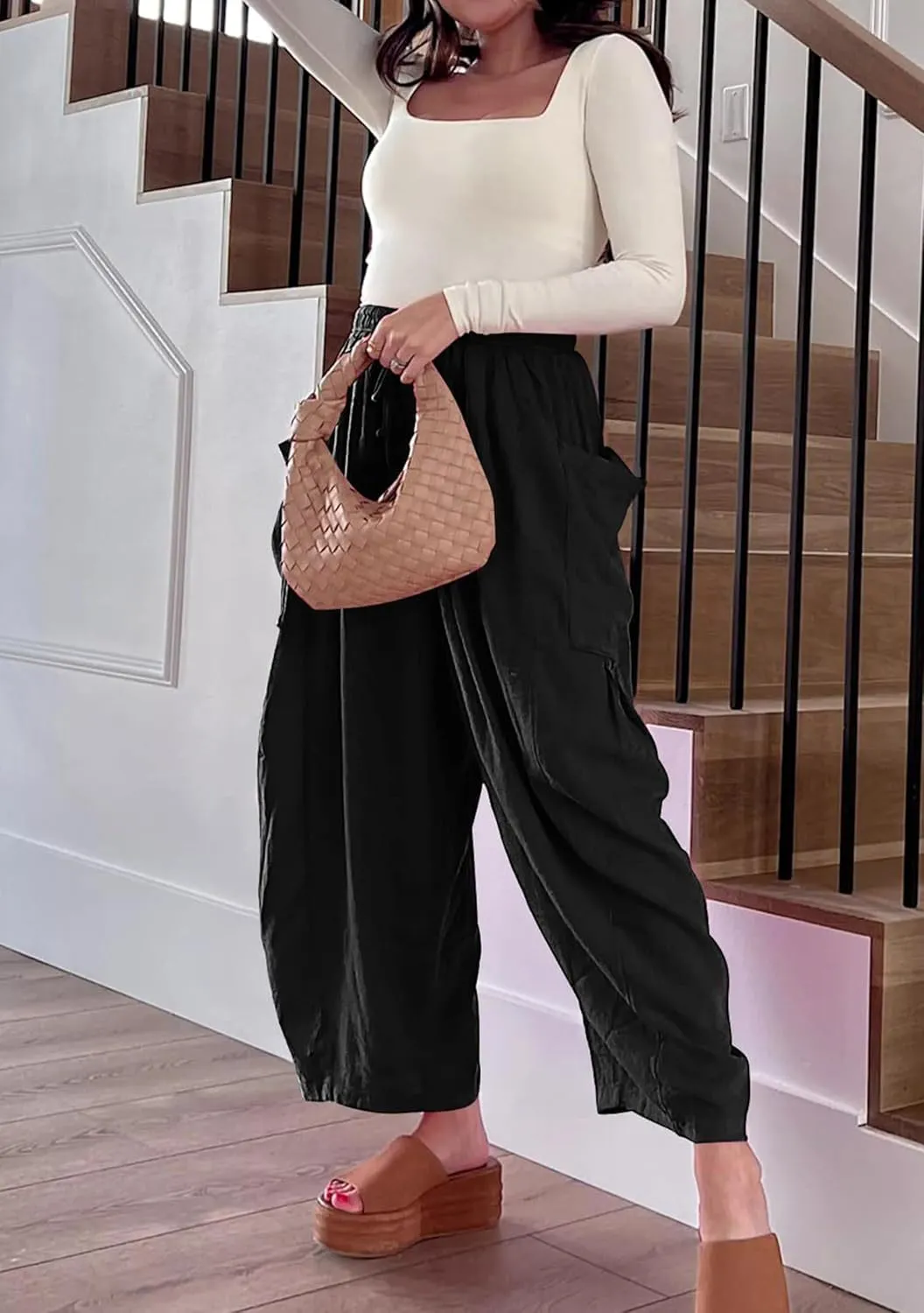 FLITAY Women Solid Color Elastic Waisted Pant Pleated Wide Leg Pants Drawstring Loose Fit Casual Trousers with Pockets