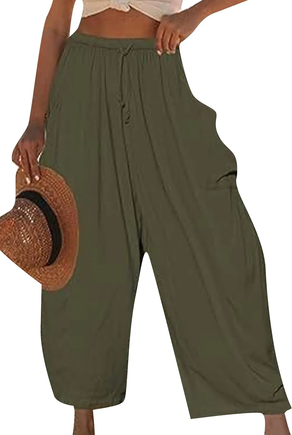 FLITAY Women Solid Color Elastic Waisted Pant Pleated Wide Leg Pants Drawstring Loose Fit Casual Trousers with Pockets