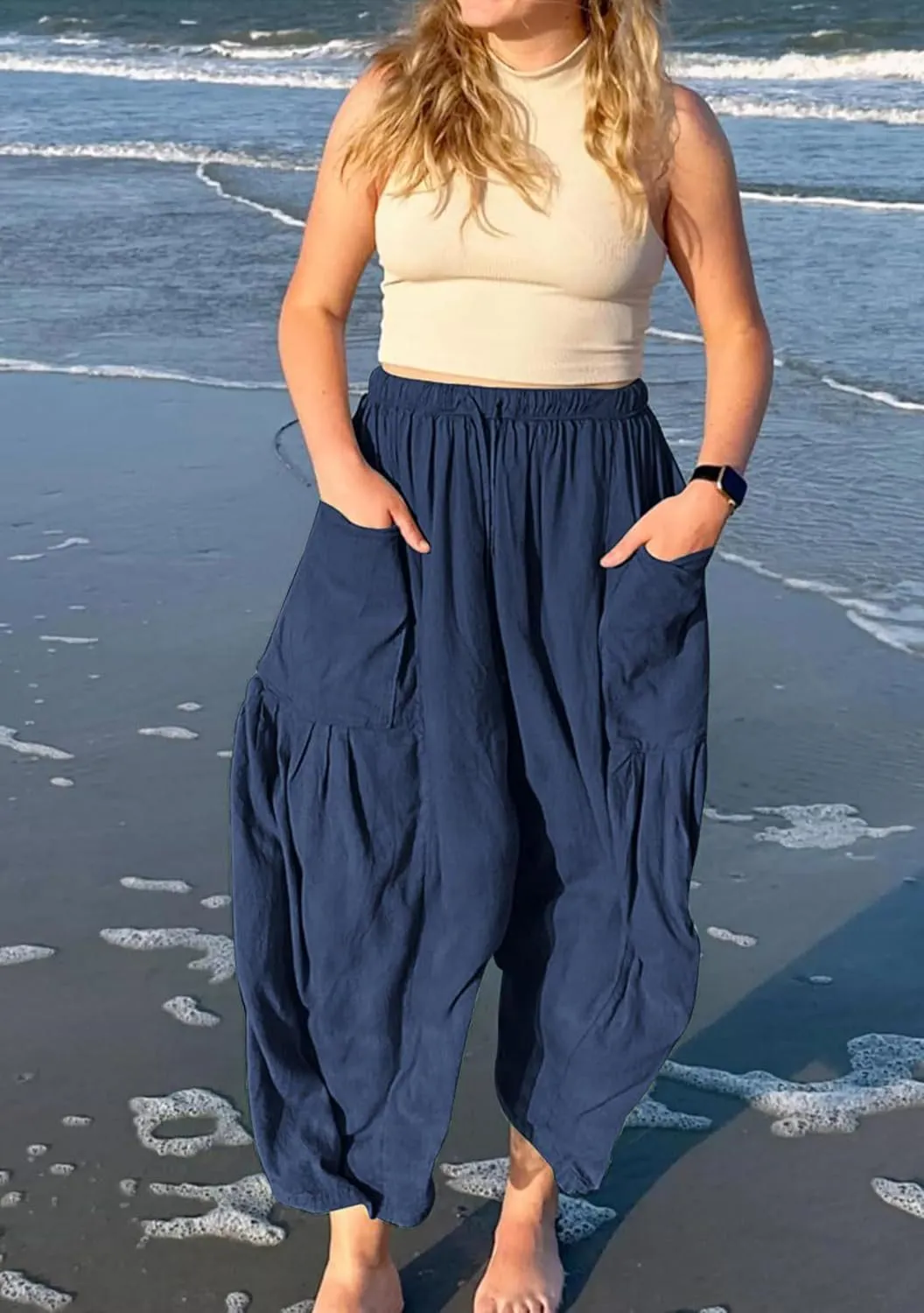 FLITAY Women Solid Color Elastic Waisted Pant Pleated Wide Leg Pants Drawstring Loose Fit Casual Trousers with Pockets