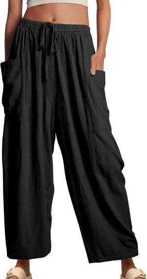 FLITAY Women Solid Color Elastic Waisted Pant Pleated Wide Leg Pants Drawstring Loose Fit Casual Trousers with Pockets
