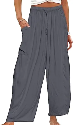 FLITAY Women Solid Color Elastic Waisted Pant Pleated Wide Leg Pants Drawstring Loose Fit Casual Trousers with Pockets