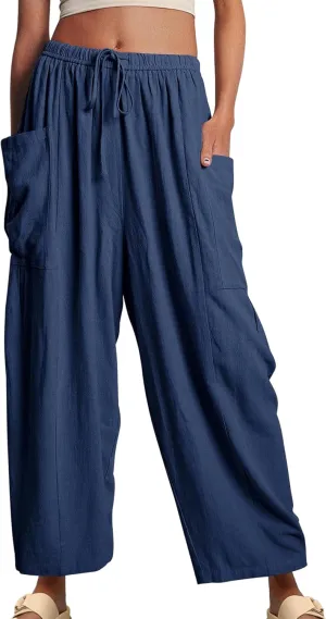 FLITAY Women Solid Color Elastic Waisted Pant Pleated Wide Leg Pants Drawstring Loose Fit Casual Trousers with Pockets