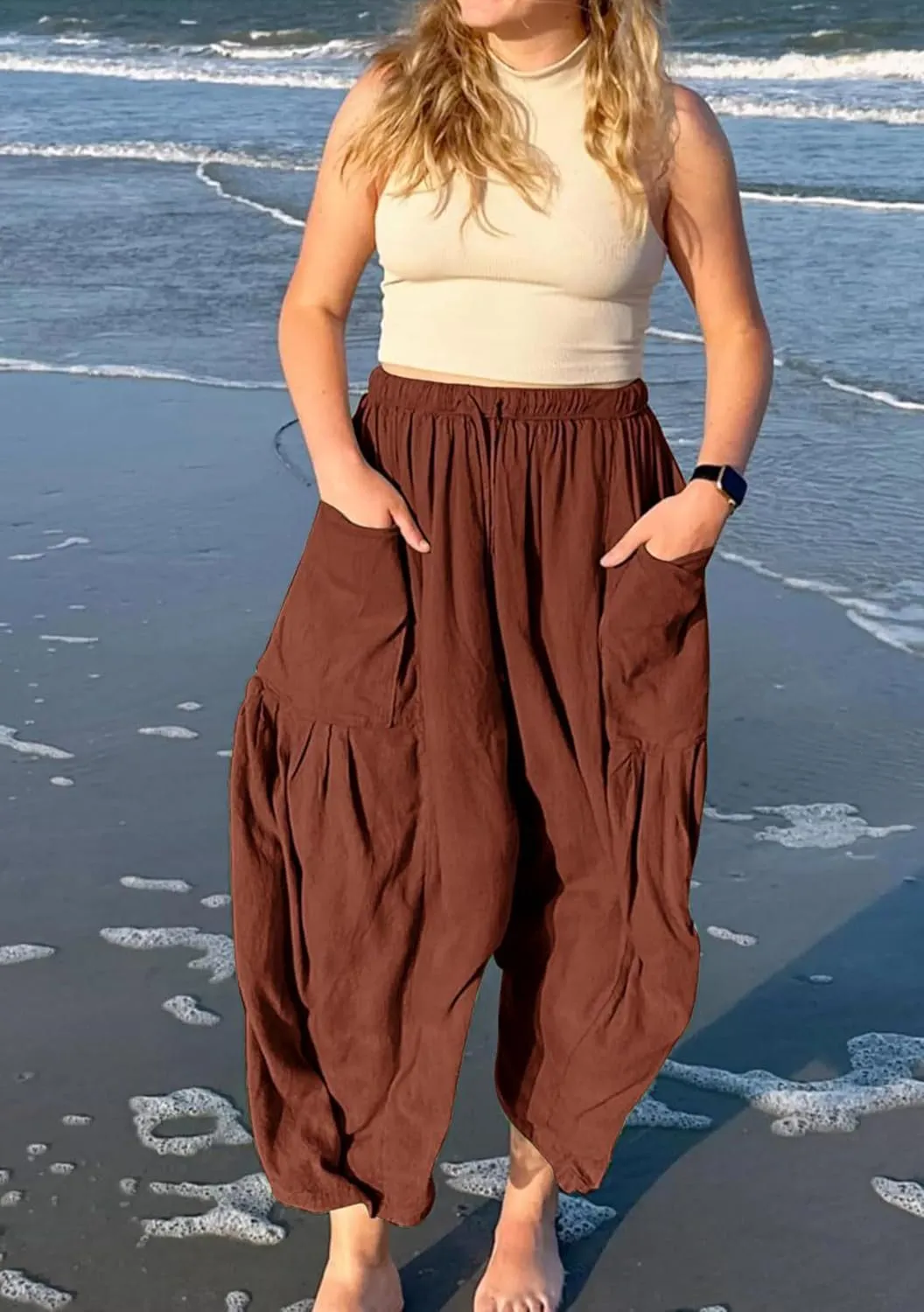 FLITAY Women Solid Color Elastic Waisted Pant Pleated Wide Leg Pants Drawstring Loose Fit Casual Trousers with Pockets