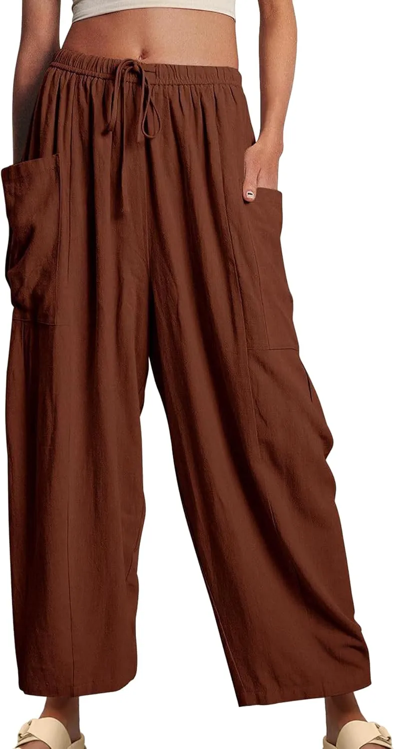 FLITAY Women Solid Color Elastic Waisted Pant Pleated Wide Leg Pants Drawstring Loose Fit Casual Trousers with Pockets