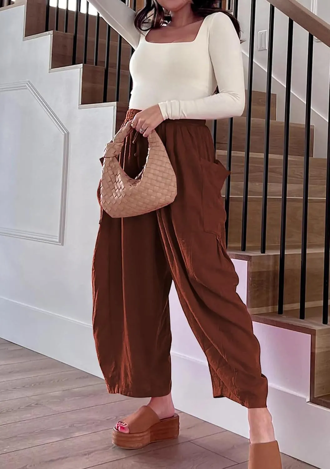 FLITAY Women Solid Color Elastic Waisted Pant Pleated Wide Leg Pants Drawstring Loose Fit Casual Trousers with Pockets