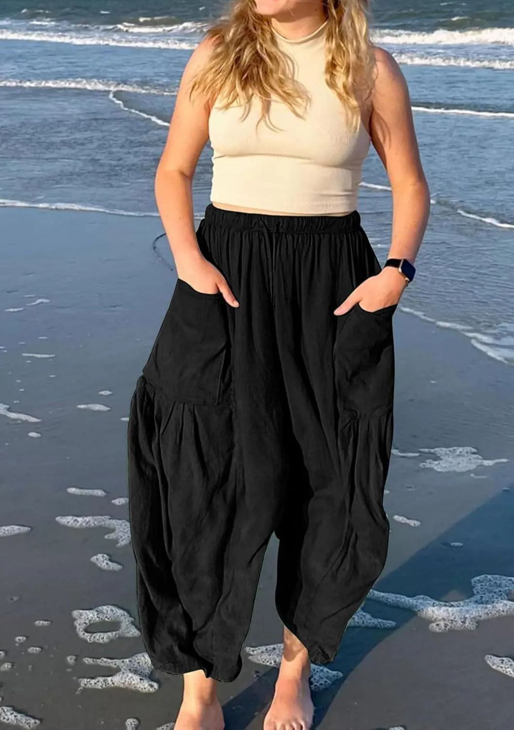 FLITAY Women Solid Color Elastic Waisted Pant Pleated Wide Leg Pants Drawstring Loose Fit Casual Trousers with Pockets