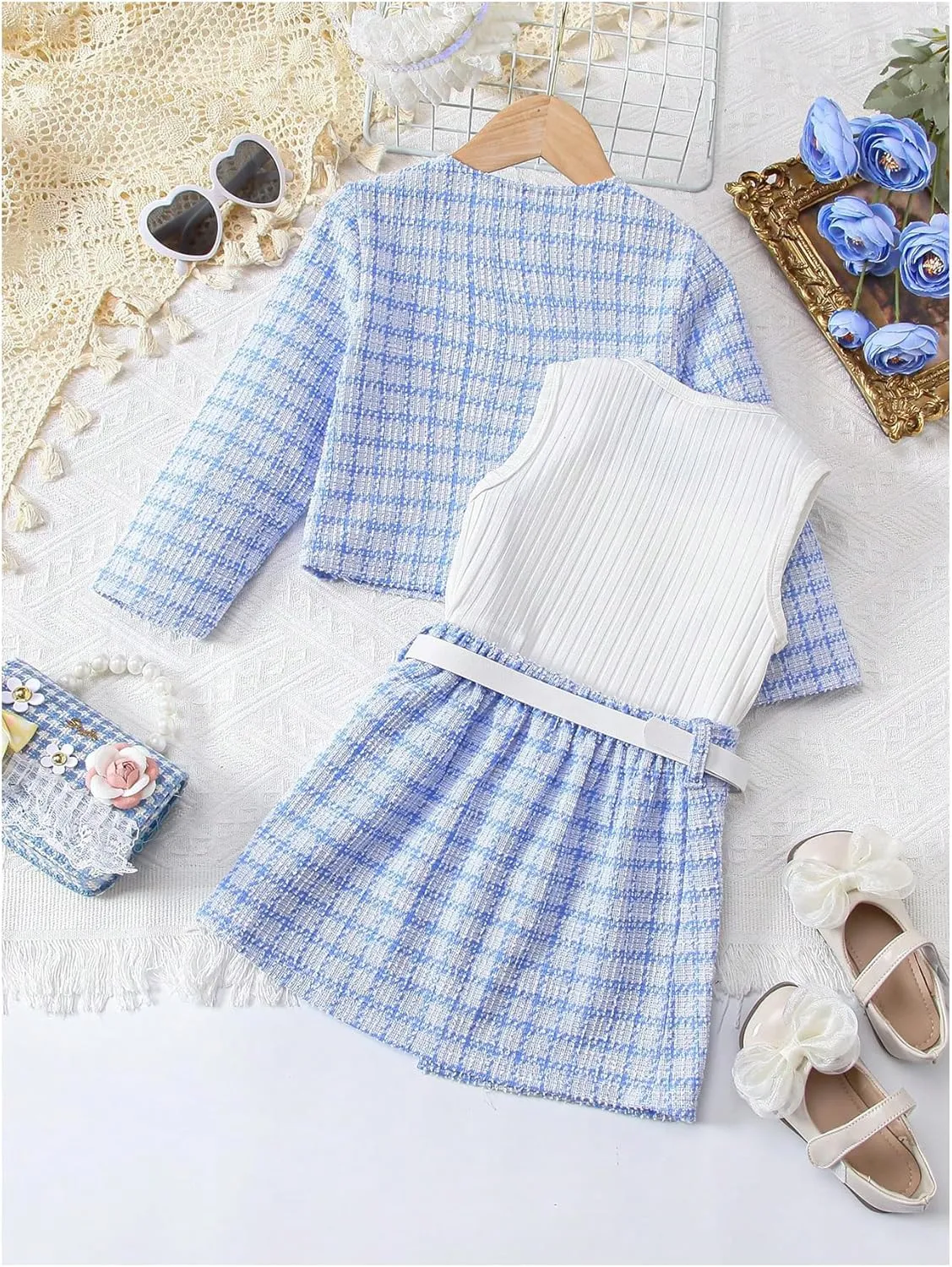 Floerns Toddler Girl's 3 Piece Outfit Plaid Print Jacket with Belt Skirts Rib Knit Tank Top