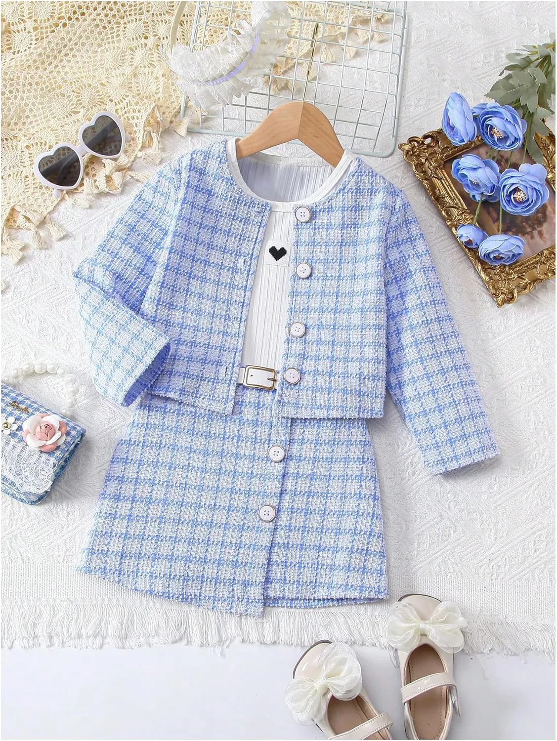 Floerns Toddler Girl's 3 Piece Outfit Plaid Print Jacket with Belt Skirts Rib Knit Tank Top