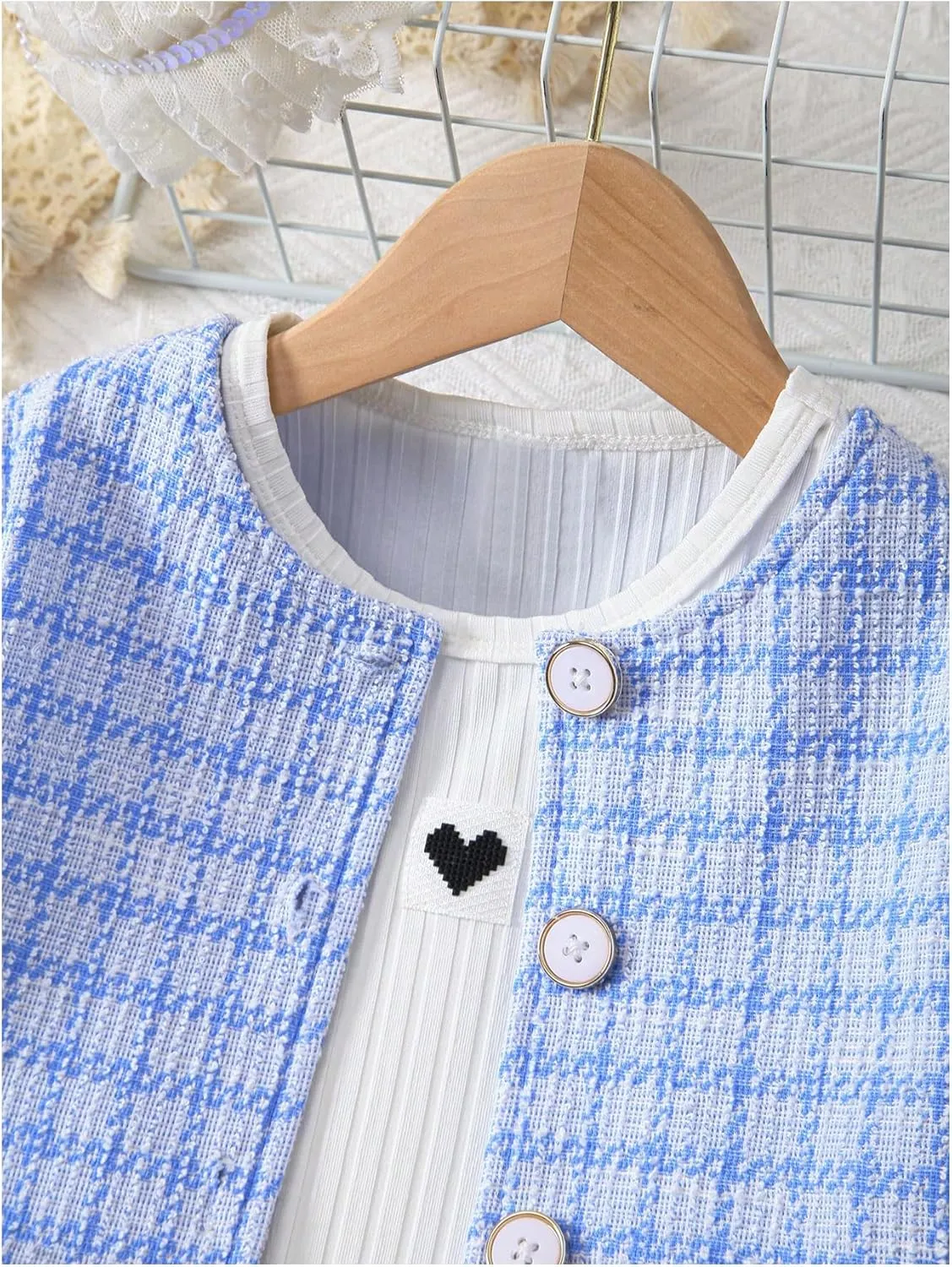 Floerns Toddler Girl's 3 Piece Outfit Plaid Print Jacket with Belt Skirts Rib Knit Tank Top