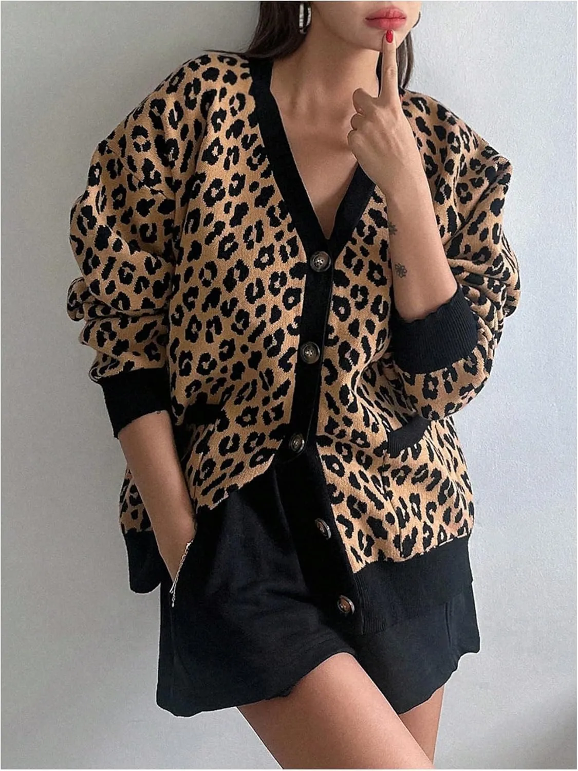 Floerns Women's Leopard Long Sleeve Cardigan Open Front Knitted Sweater Outerwear