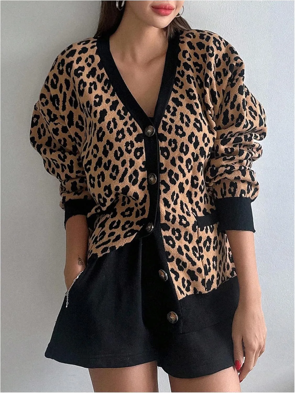 Floerns Women's Leopard Long Sleeve Cardigan Open Front Knitted Sweater Outerwear