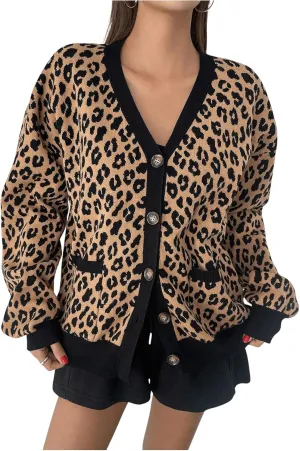 Floerns Women's Leopard Long Sleeve Cardigan Open Front Knitted Sweater Outerwear
