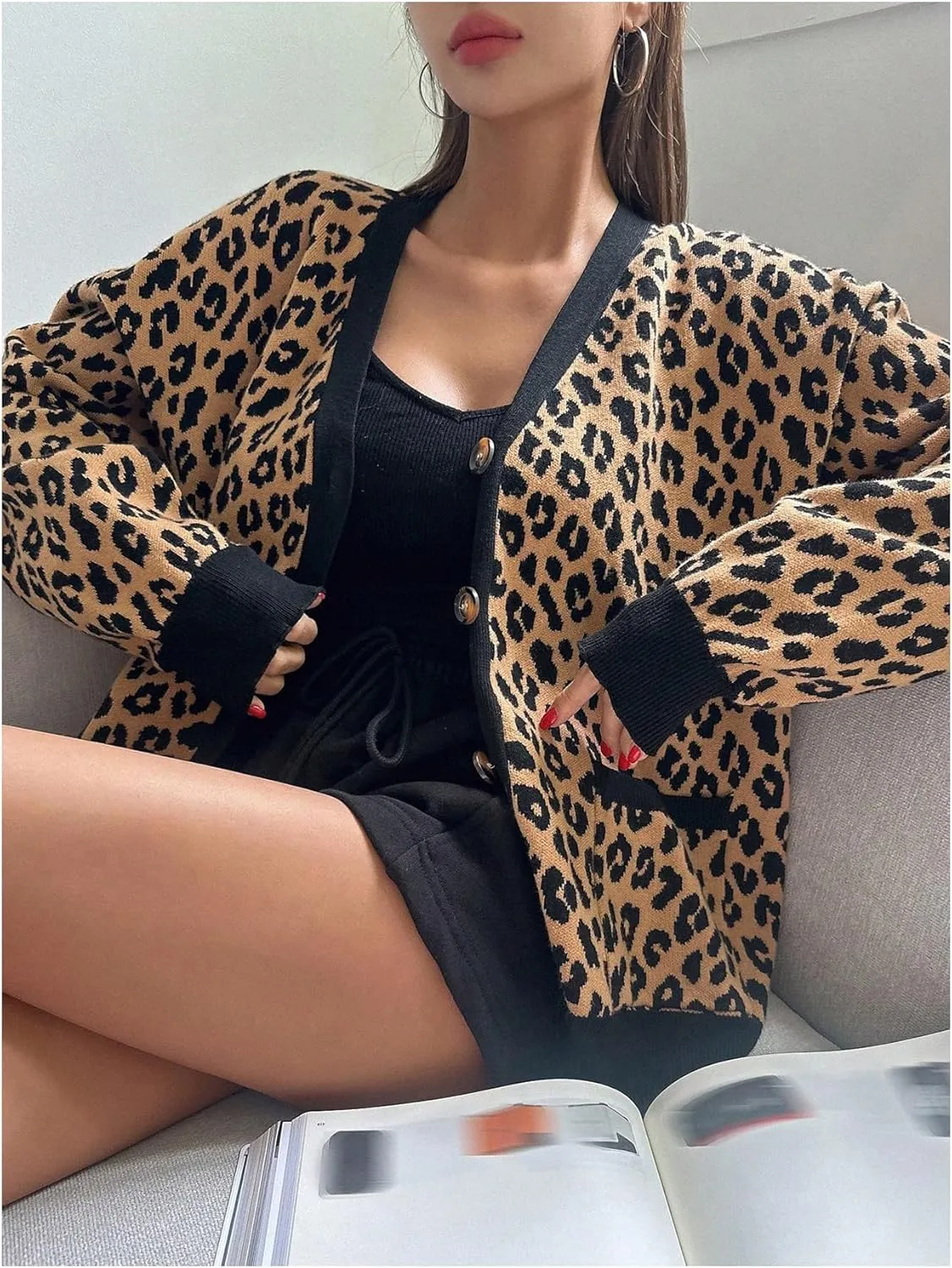 Floerns Women's Leopard Long Sleeve Cardigan Open Front Knitted Sweater Outerwear