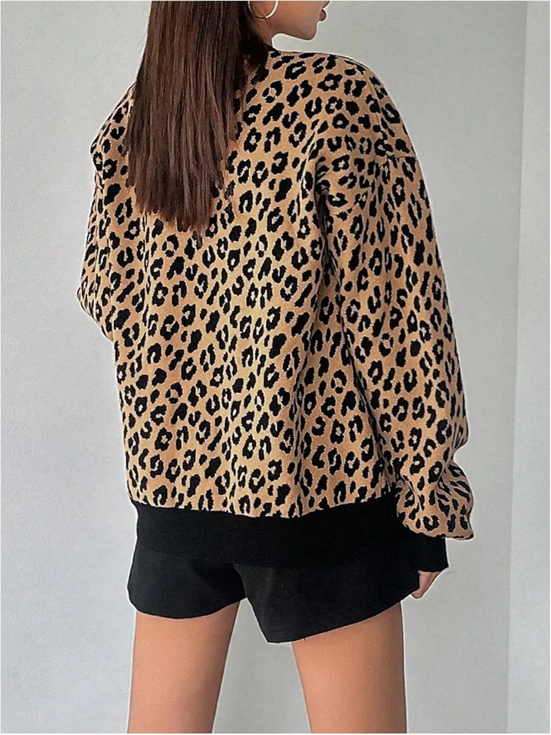 Floerns Women's Leopard Long Sleeve Cardigan Open Front Knitted Sweater Outerwear