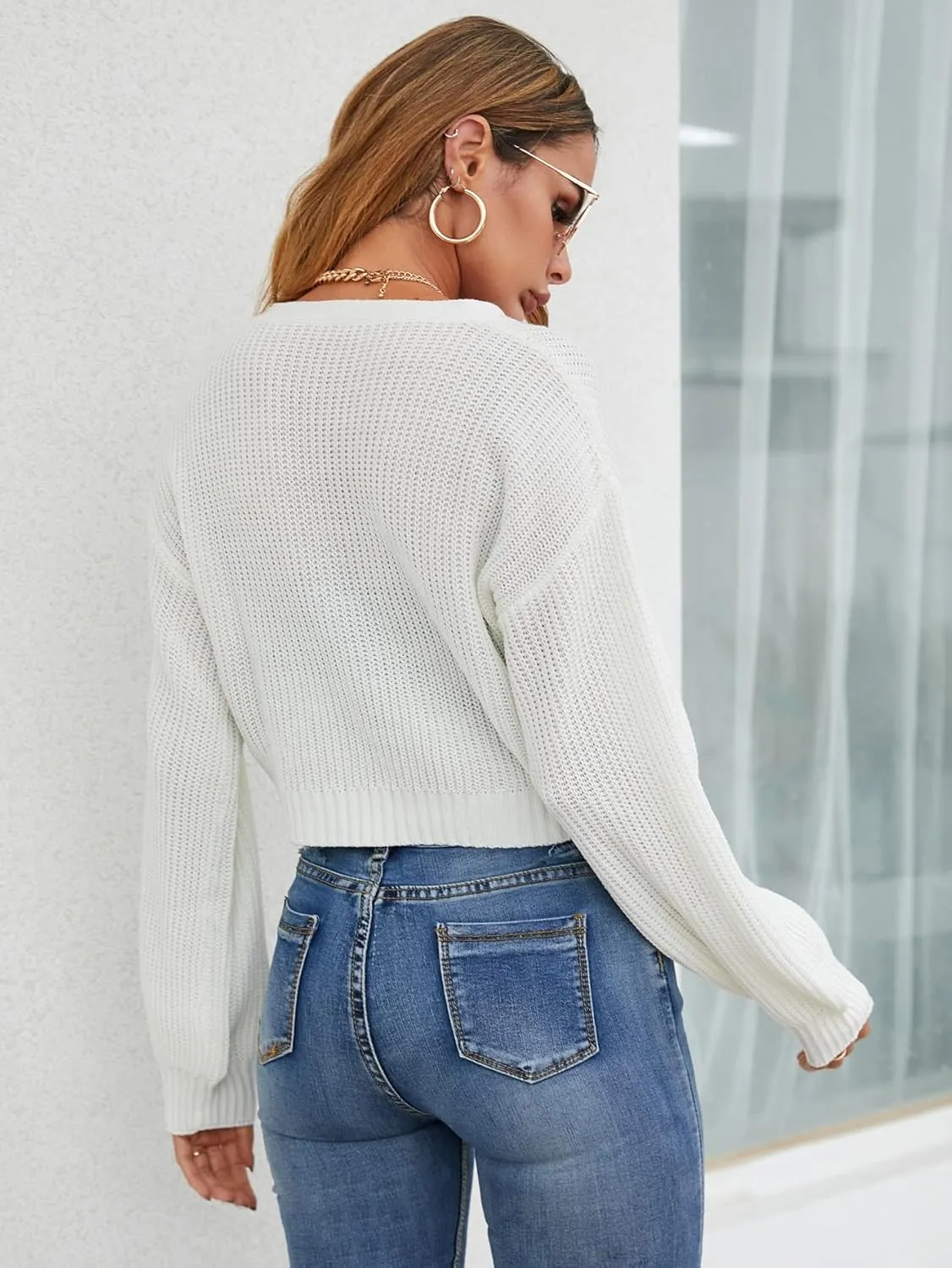 Floerns Women's Solid Long Sleeve Button Down V Neck Cardigan Crop Top Sweater