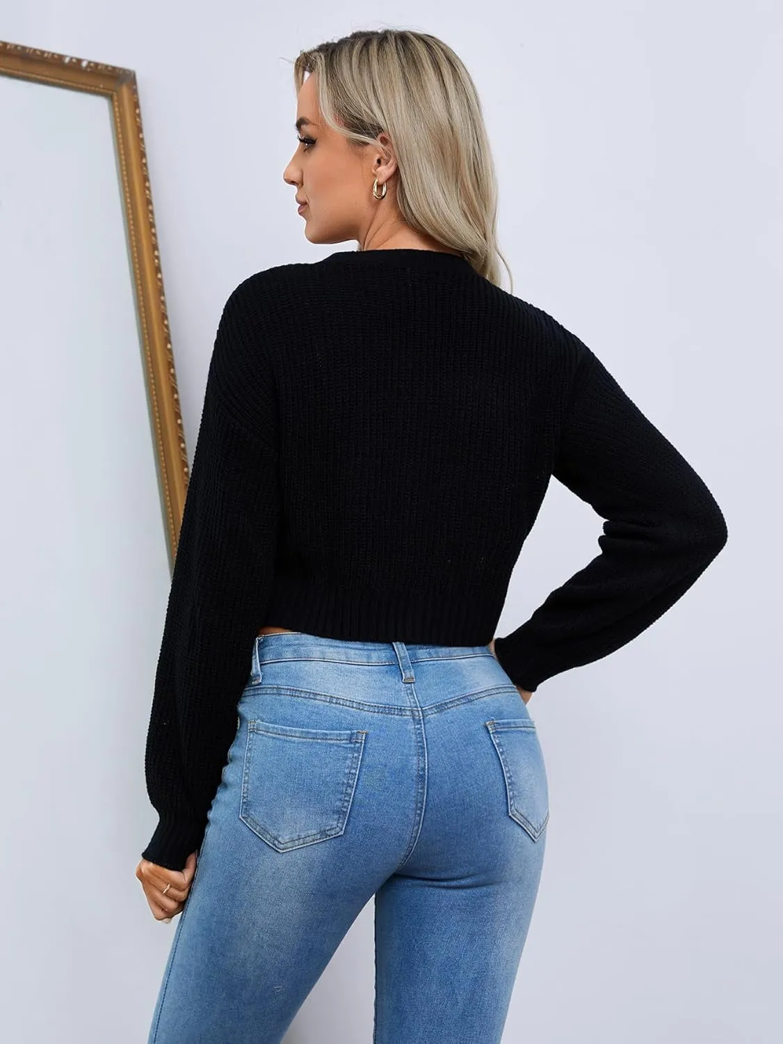 Floerns Women's Solid Long Sleeve Button Down V Neck Cardigan Crop Top Sweater