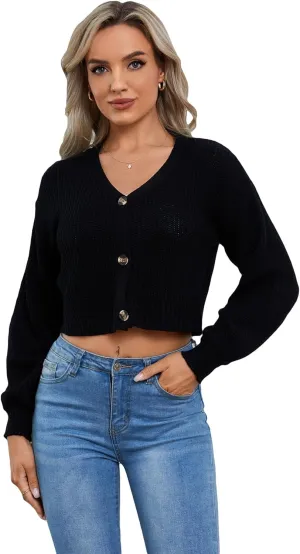 Floerns Women's Solid Long Sleeve Button Down V Neck Cardigan Crop Top Sweater