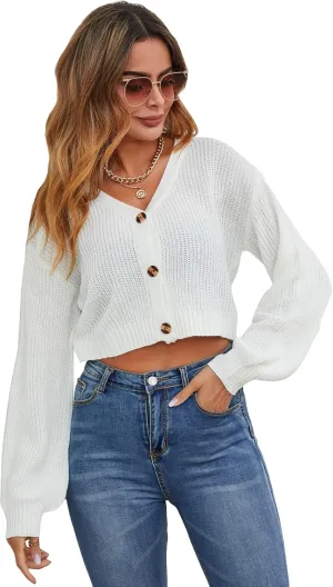 Floerns Women's Solid Long Sleeve Button Down V Neck Cardigan Crop Top Sweater