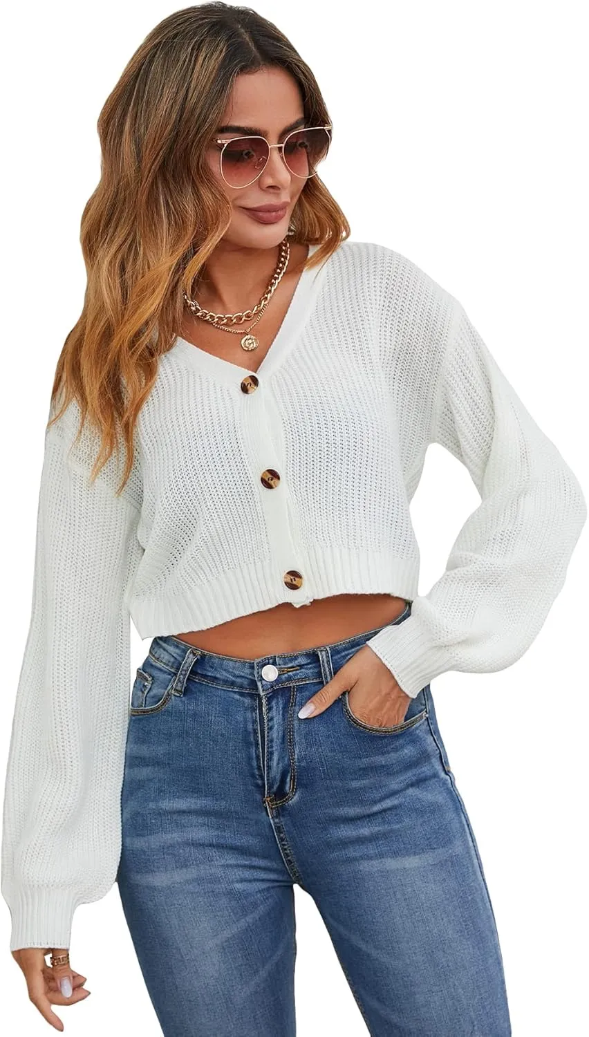 Floerns Women's Solid Long Sleeve Button Down V Neck Cardigan Crop Top Sweater