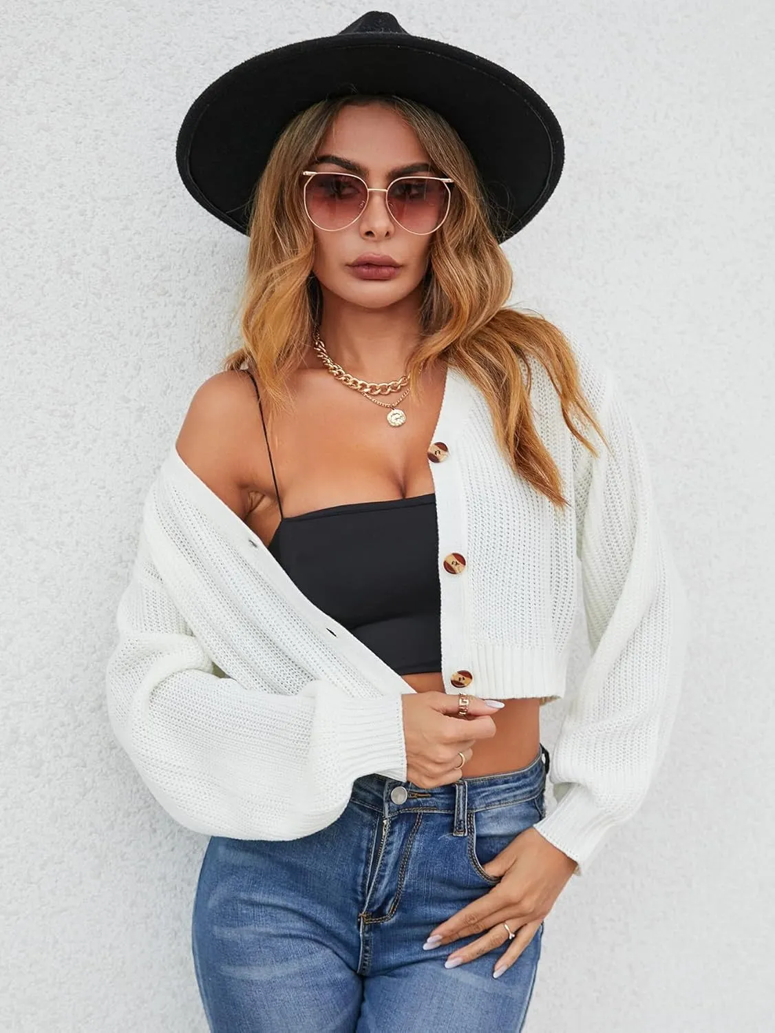 Floerns Women's Solid Long Sleeve Button Down V Neck Cardigan Crop Top Sweater