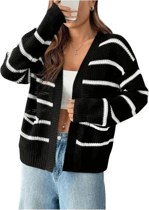 Floerns Women's Striped Long Sleeve Fall Cardigan Sweater Knit Open Front Outerwear