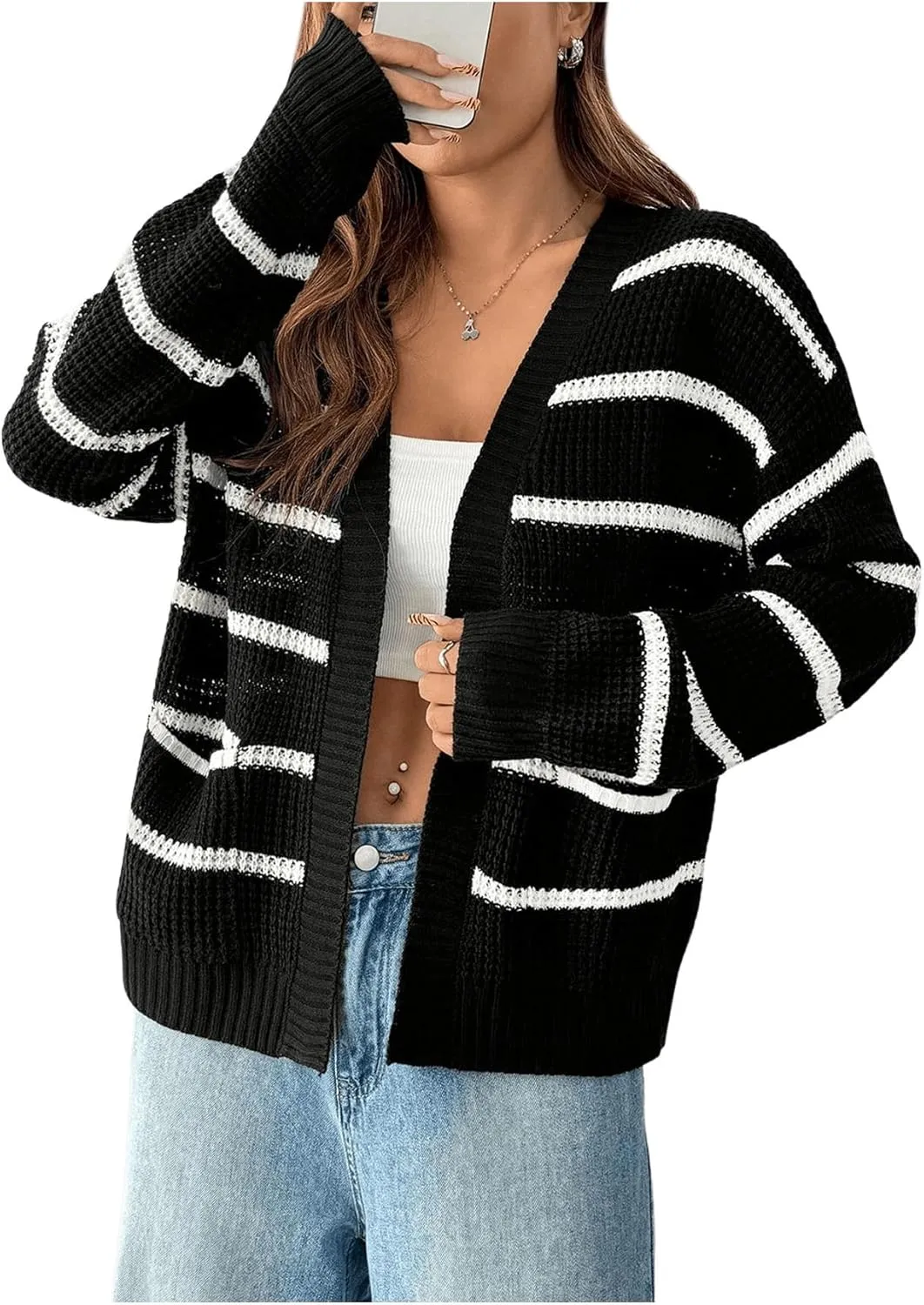 Floerns Women's Striped Long Sleeve Fall Cardigan Sweater Knit Open Front Outerwear