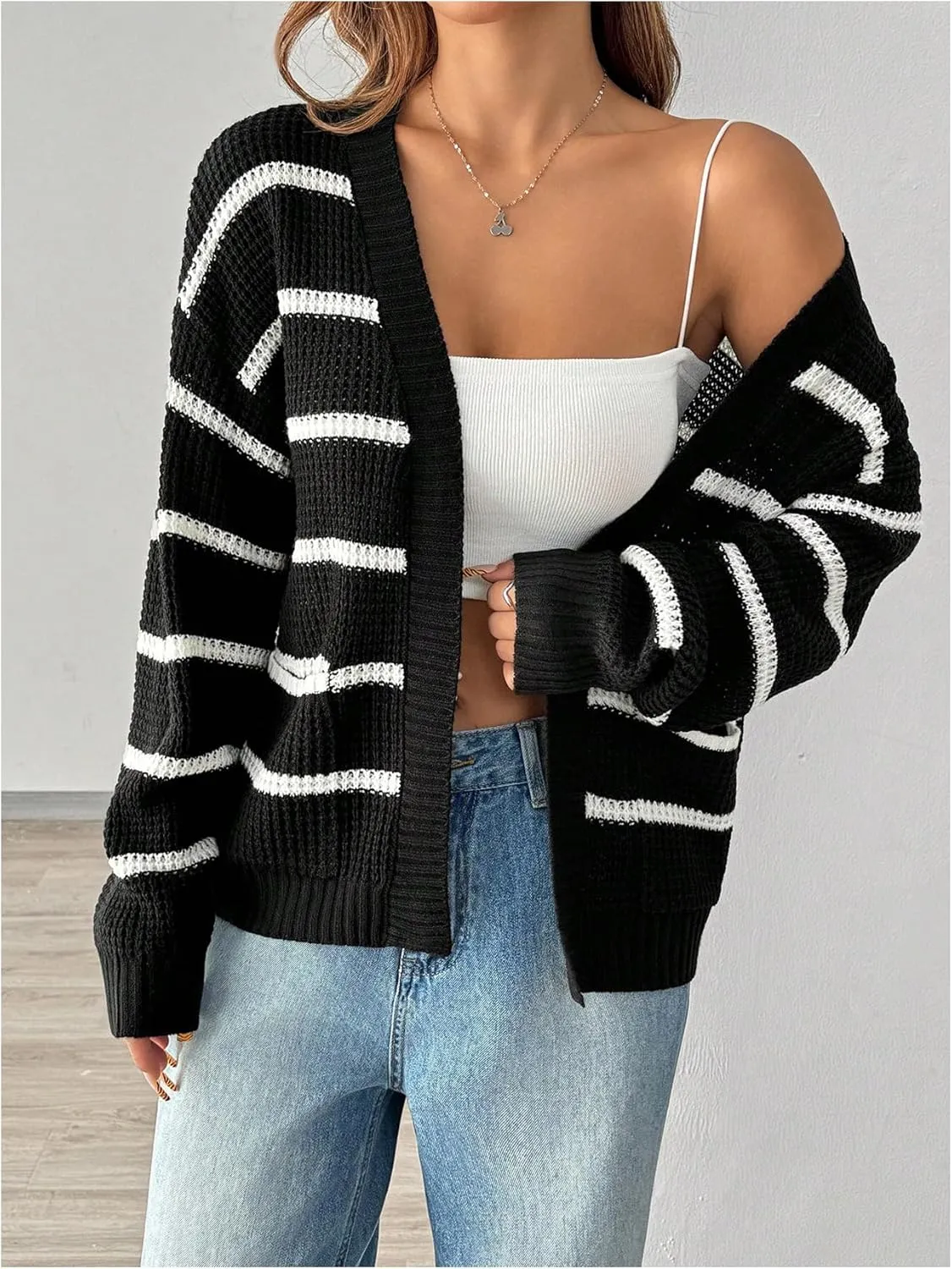 Floerns Women's Striped Long Sleeve Fall Cardigan Sweater Knit Open Front Outerwear