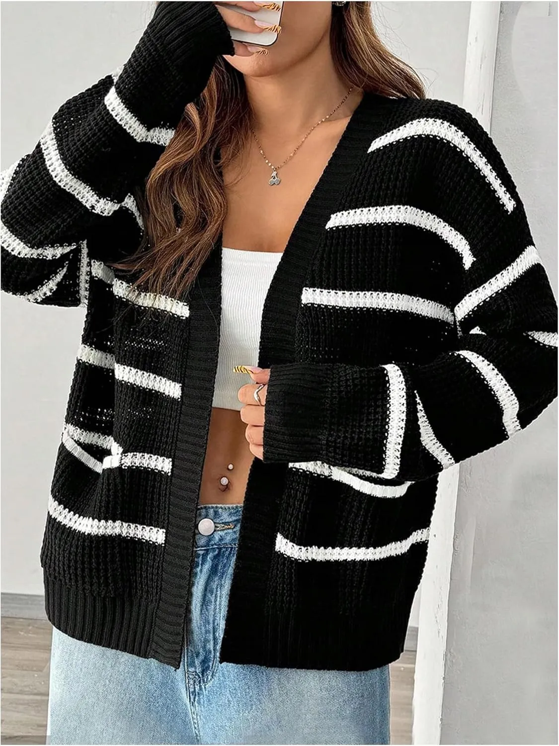 Floerns Women's Striped Long Sleeve Fall Cardigan Sweater Knit Open Front Outerwear