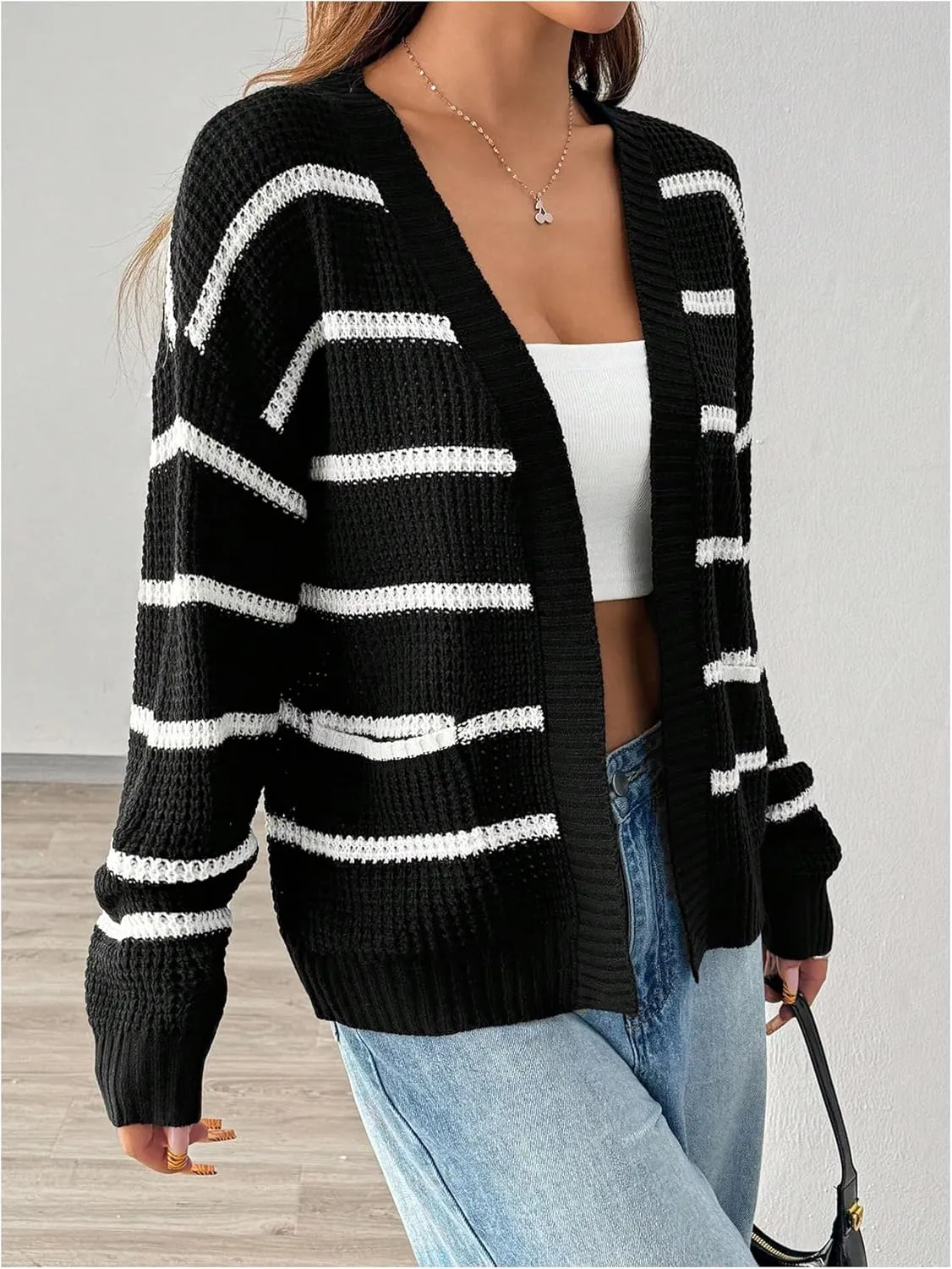 Floerns Women's Striped Long Sleeve Fall Cardigan Sweater Knit Open Front Outerwear