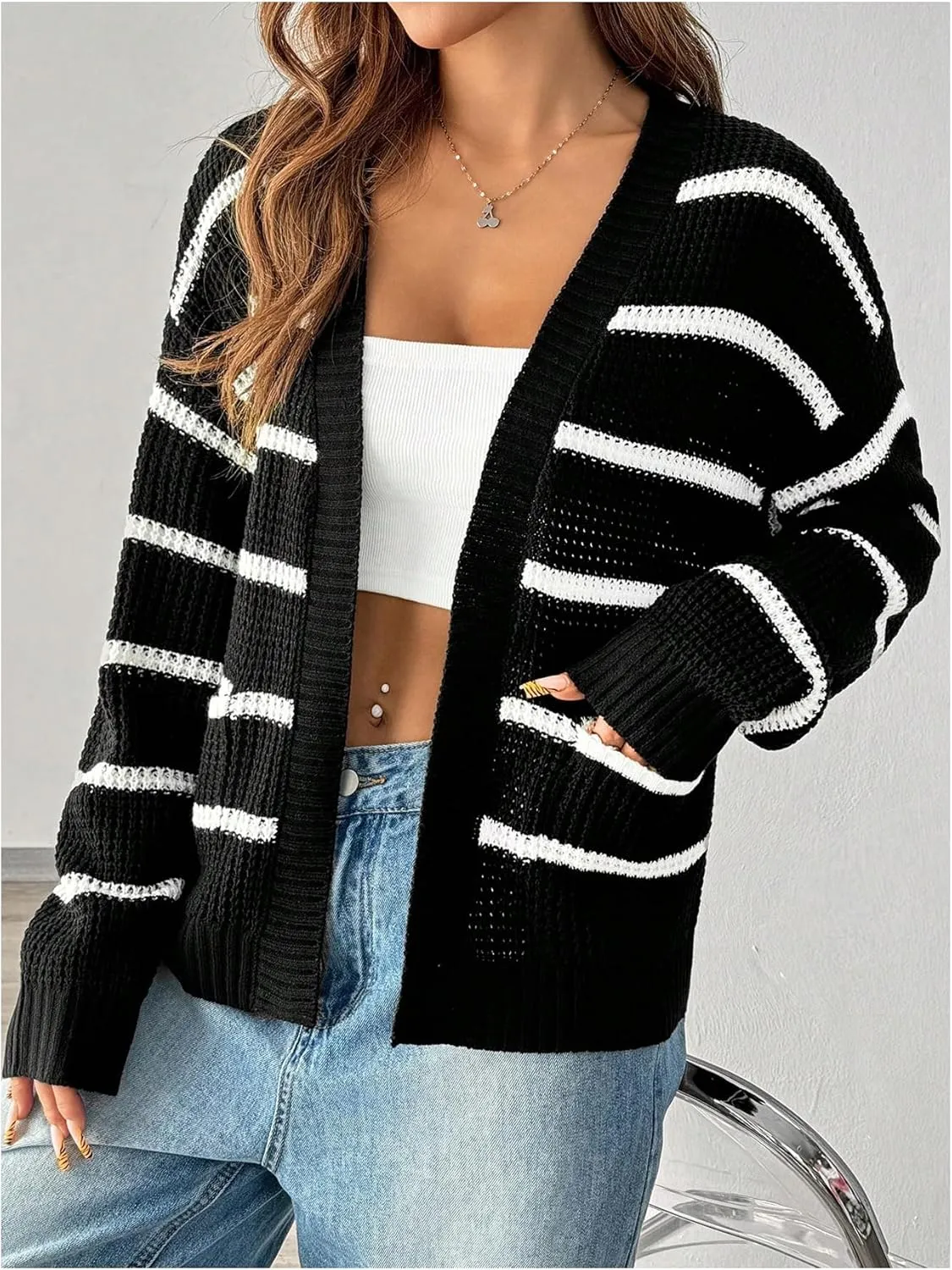 Floerns Women's Striped Long Sleeve Fall Cardigan Sweater Knit Open Front Outerwear