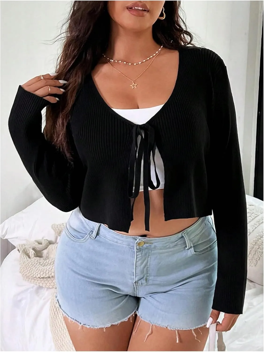 Floerns Women's Tie Front Long Sleeve Rib Knit Shrug Sweaters Cardigan Crop Top