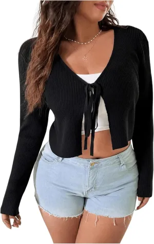 Floerns Women's Tie Front Long Sleeve Rib Knit Shrug Sweaters Cardigan Crop Top