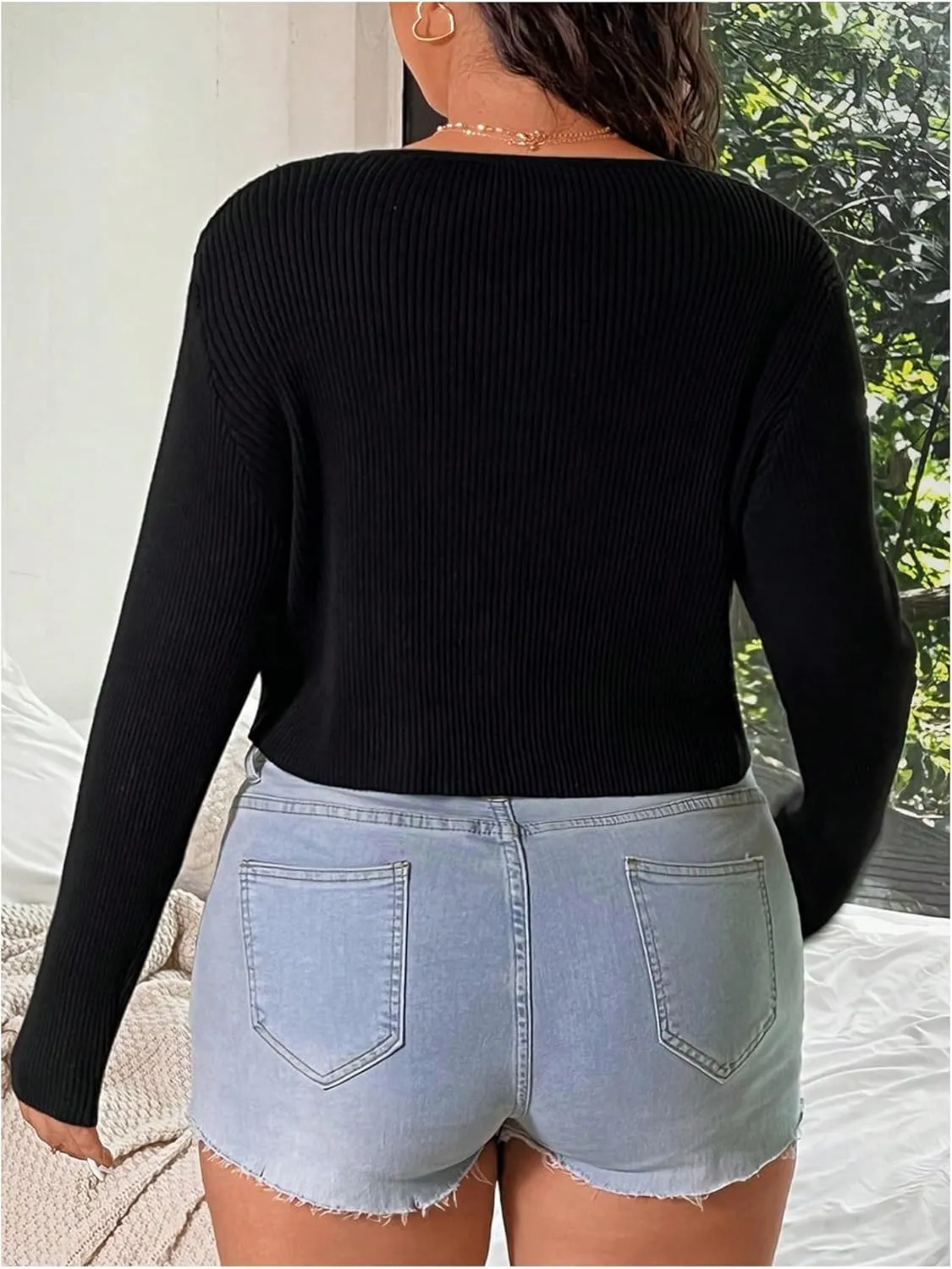 Floerns Women's Tie Front Long Sleeve Rib Knit Shrug Sweaters Cardigan Crop Top