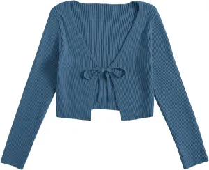 Floerns Women's Tie Front Long Sleeve Rib Knit Shrug Sweaters Cardigan Crop Top