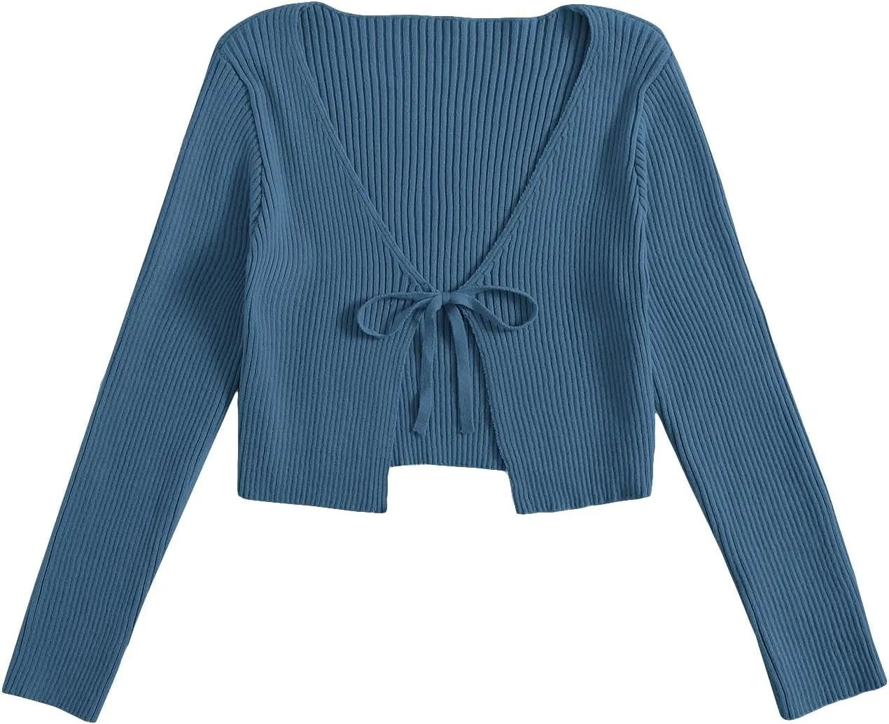 Floerns Women's Tie Front Long Sleeve Rib Knit Shrug Sweaters Cardigan Crop Top