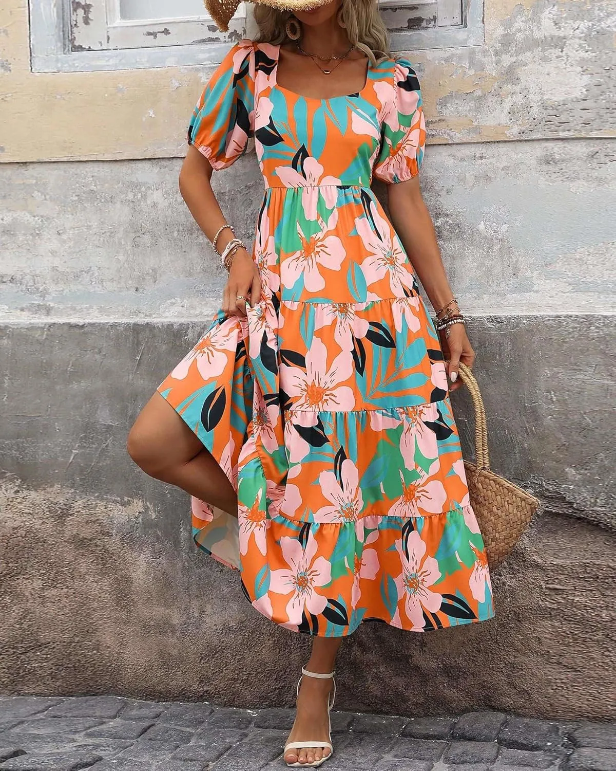 Floral Dress for Women Summer Puff Short Sleeve Square Neck Maxi Dress Casual Ruffle High Waist Dresses 2025