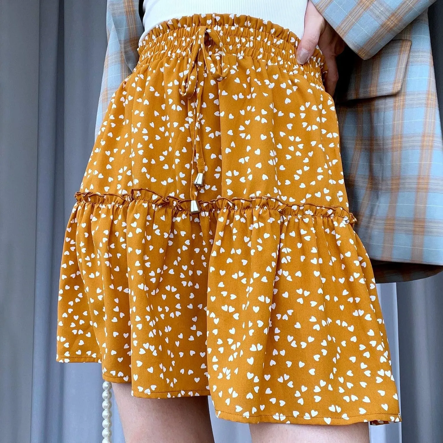 Floral Skorts for Woman Drawstring High Waist Mini Skirts Summer Tiered Flowy Pleated Boho Beach A Line Short Skorts